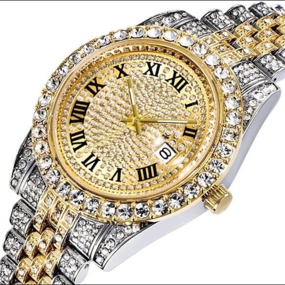 Hip Hop Watches for Men Iced-Out Bling Diamond Luxury Quartz Watches with Date - Picture 2 of 7